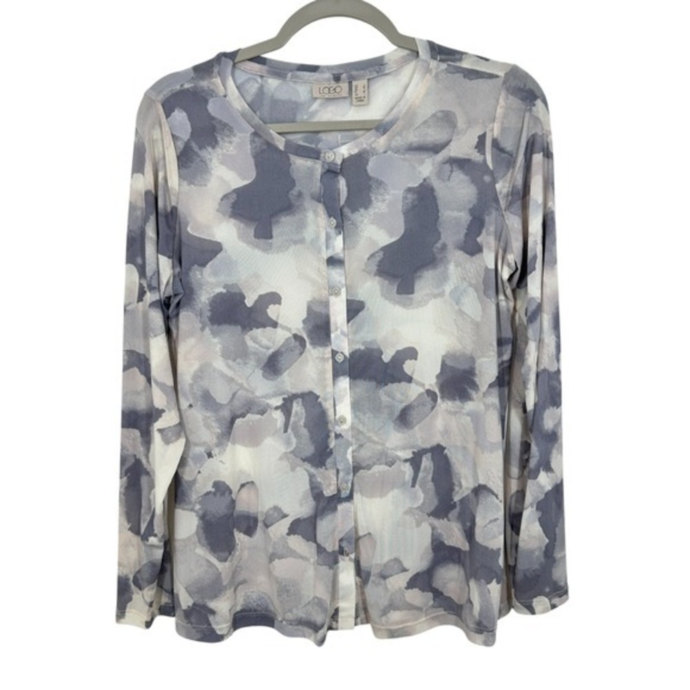 LOGO by Lori Goldstein Sheer Abstract Grey White Button Front Long Sleeve Shirt